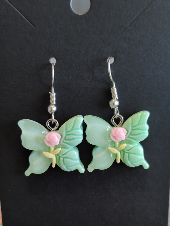 Fetch It ND Jewelry - Mint Green Butterfly Drop Earrings with Pink Rose Accent